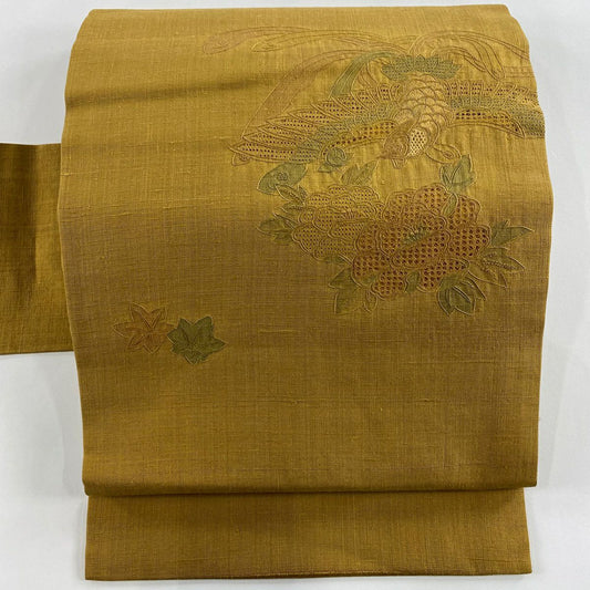 名古屋帶 秀品級 紬織織 草花紋紋 鳥刺繡 米色 純蠶絲