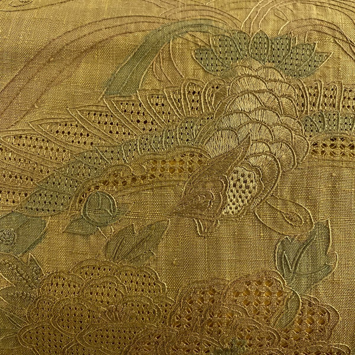 名古屋帶 秀品級 紬織織 草花紋紋 鳥刺繡 米色 純蠶絲