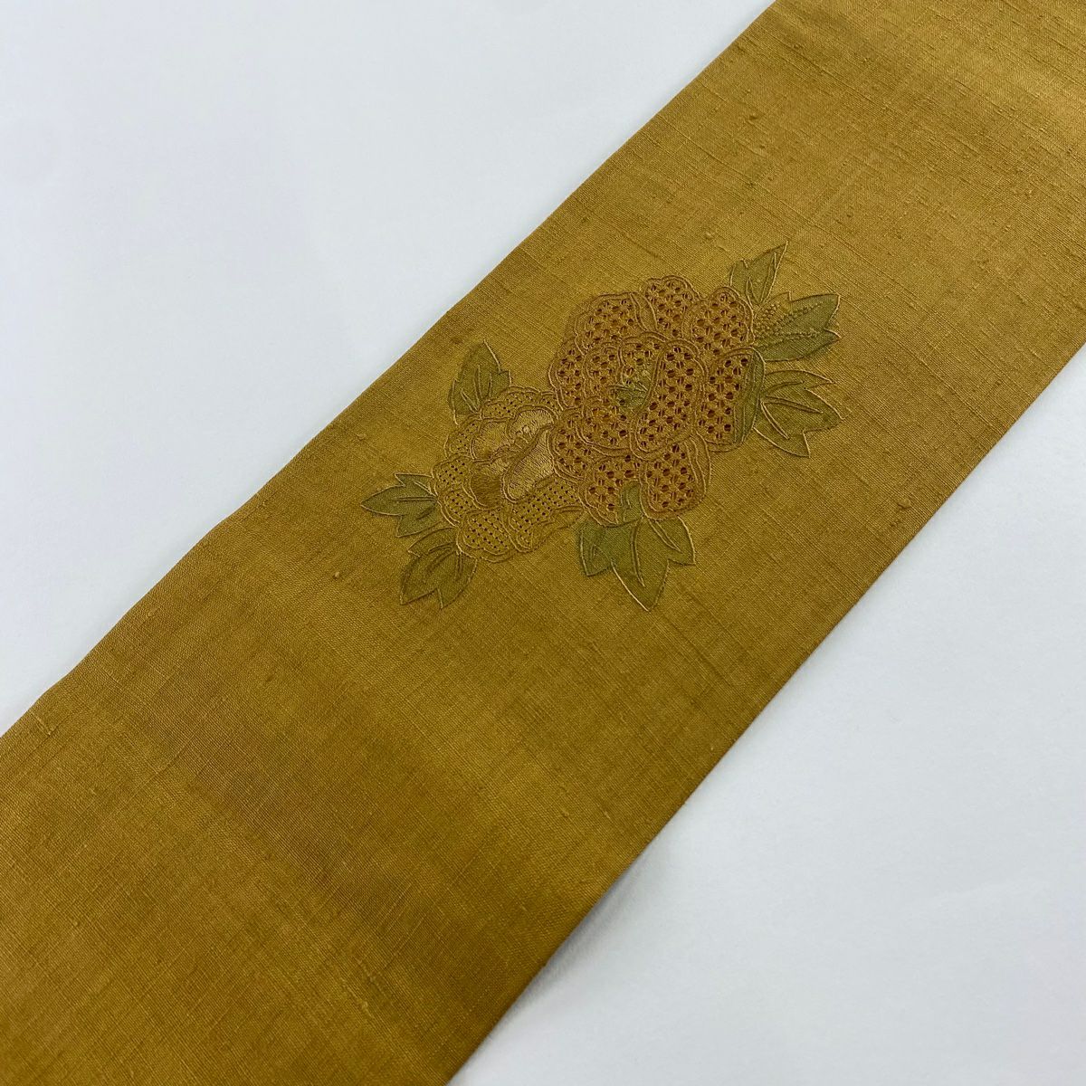 名古屋帶 秀品級 紬織織 草花紋紋 鳥刺繡 米色 純蠶絲