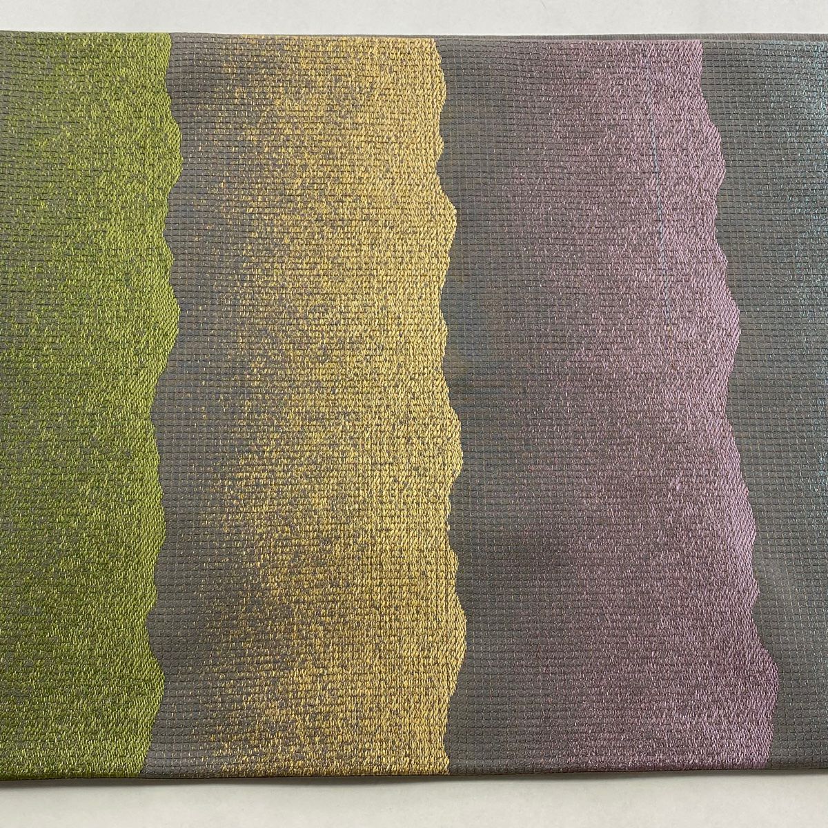 【美品】 袋帶 秀品級 霞 幾何學圖案 金絲 灰紫 六通 純蠶絲