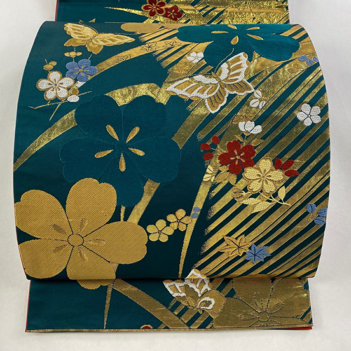 袋帶 秀品級 櫻花 蝴蝶 金絲 金金箔 深綠 六通 純蠶絲