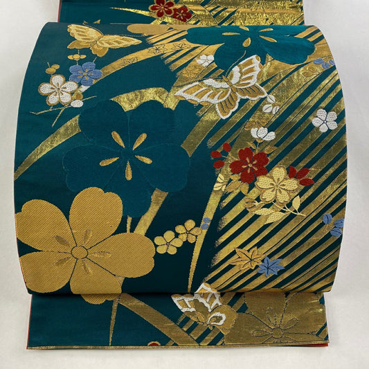 袋帶 秀品級 櫻花 蝴蝶 金絲 金金箔 深綠 六通 純蠶絲