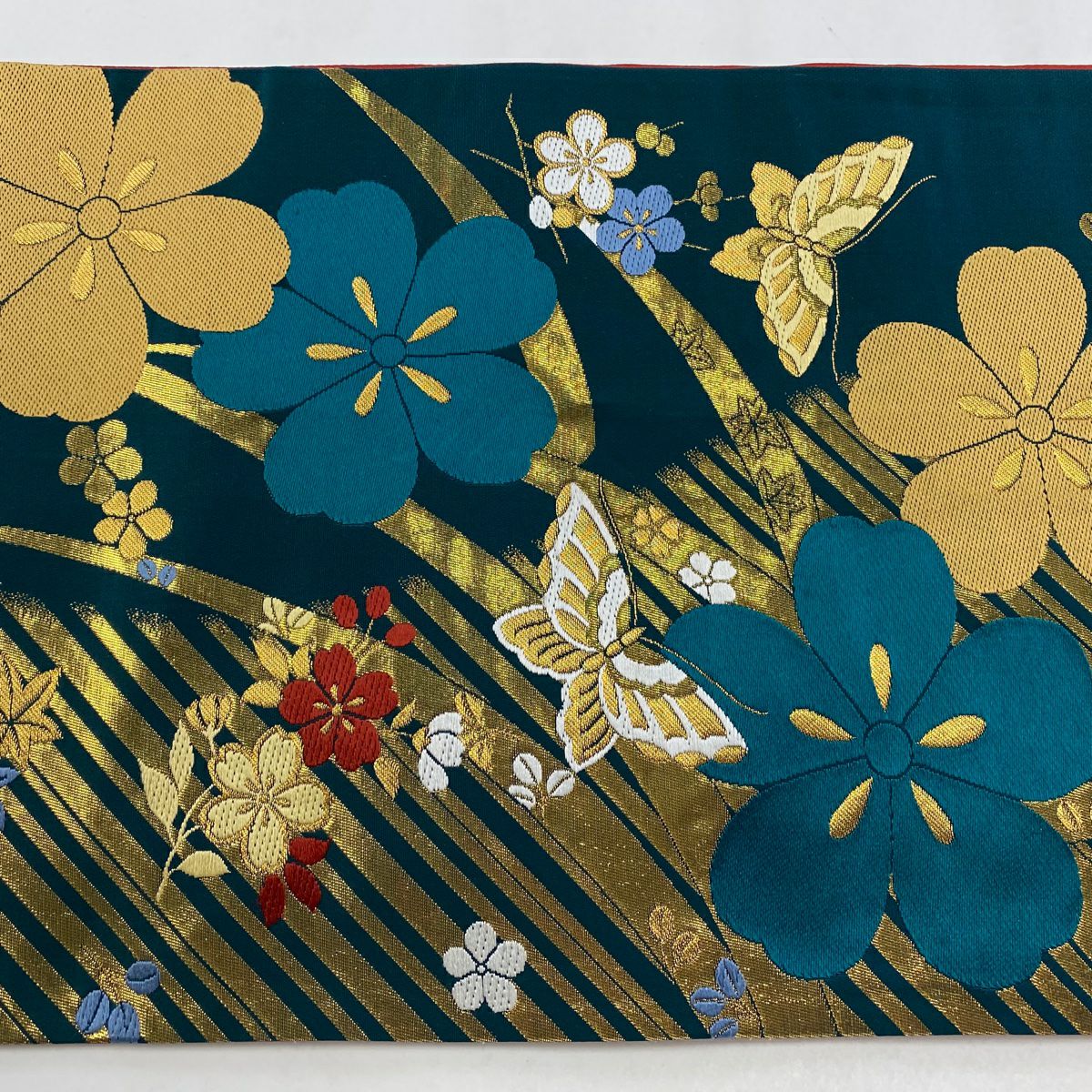 袋帶 秀品級 櫻花 蝴蝶 金絲 金金箔 深綠 六通 純蠶絲