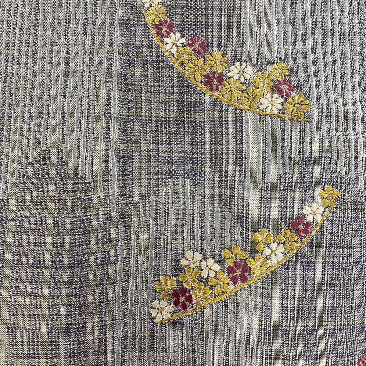 【美品】 袋帶 秀品級 花 矢絣紋 金銀彩 刺繡 灰紫 六通 純蠶絲