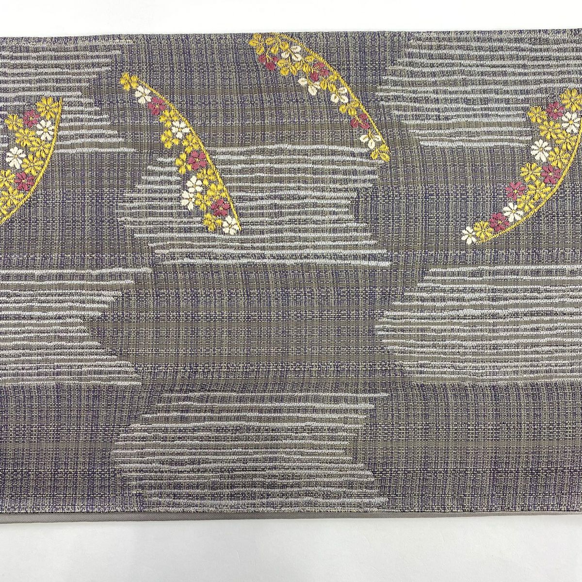 【美品】 袋帶 秀品級 花 矢絣紋 金銀彩 刺繡 灰紫 六通 純蠶絲