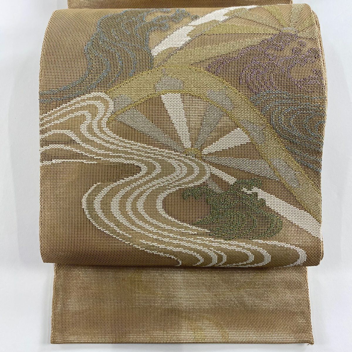 袋帶 秀品級 夏帶 紗 片輪車 流水 金銀絲 金金箔 淺茶 素面正背圖案 純蠶絲
