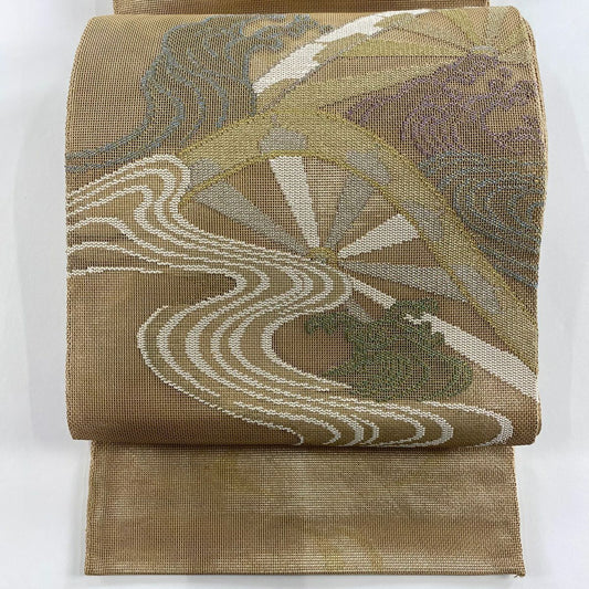 袋帶 秀品級 夏帶 紗 片輪車 流水 金銀絲 金金箔 淺茶 素面正背圖案 純蠶絲