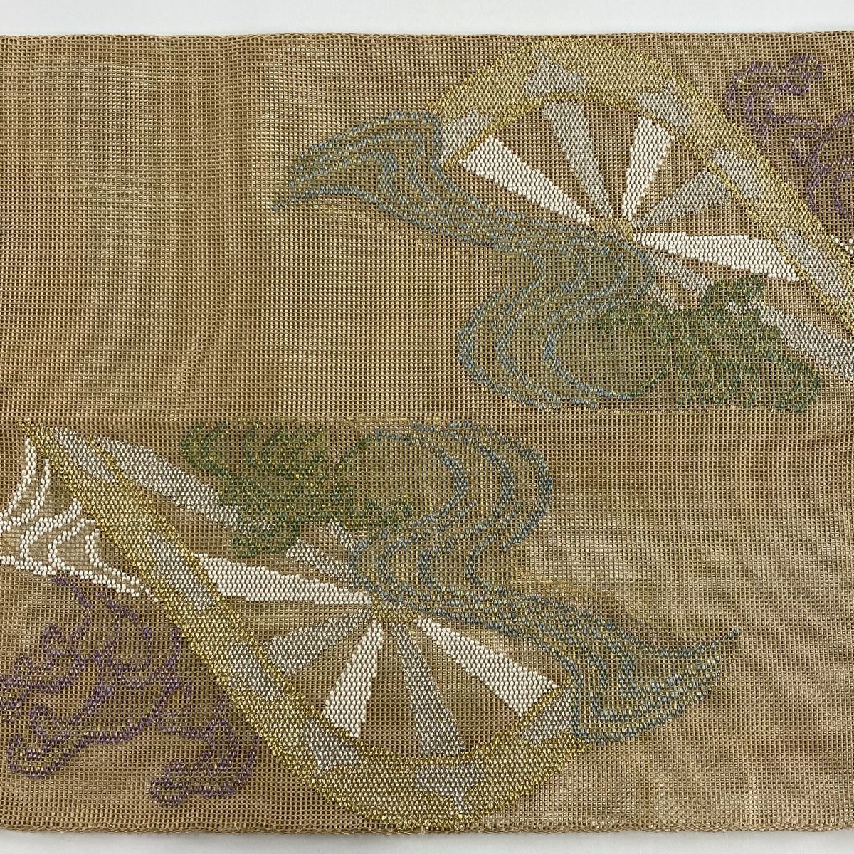 袋帶 秀品級 夏帶 紗 片輪車 流水 金銀絲 金金箔 淺茶 素面正背圖案 純蠶絲