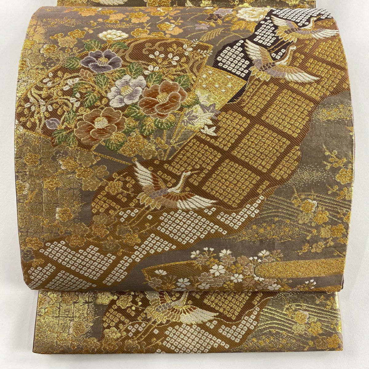 袋帶 秀品級 大和 扇子子 仙鶴 金絲 金金箔 金色 六通 純蠶絲