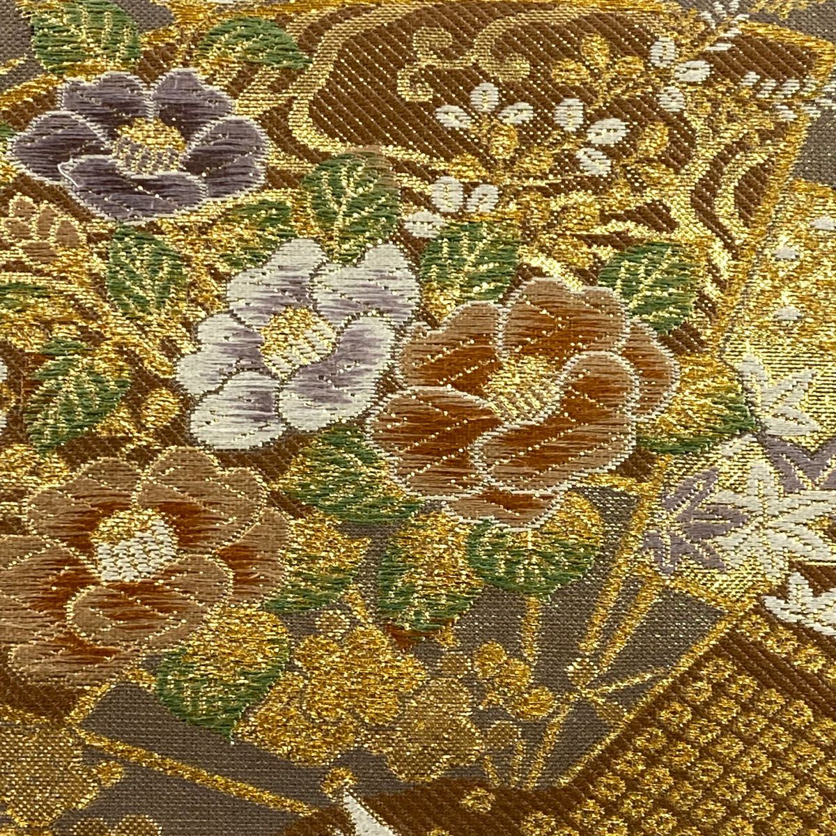 袋帶 秀品級 大和 扇子子 仙鶴 金絲 金金箔 金色 六通 純蠶絲