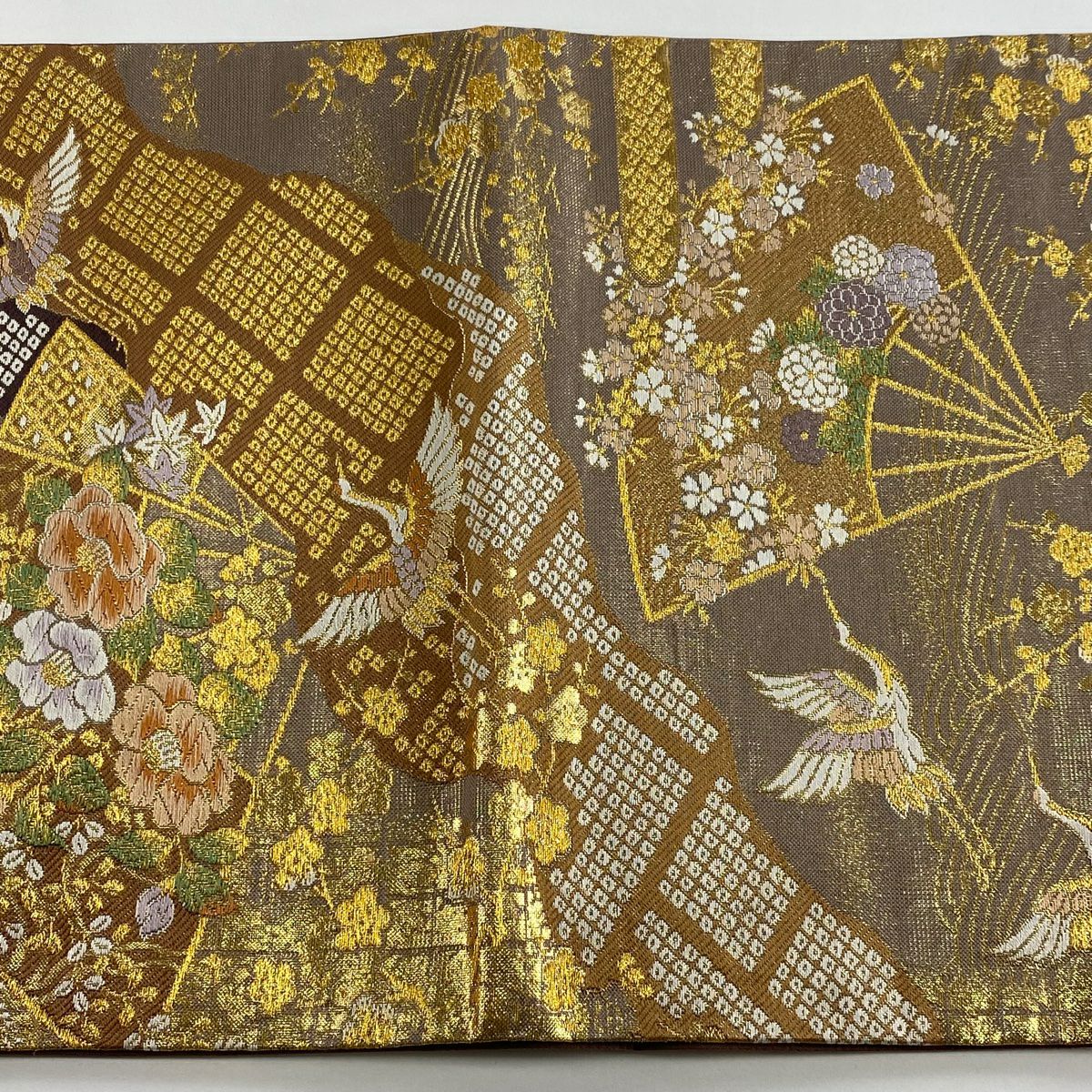 袋帶 秀品級 大和 扇子子 仙鶴 金絲 金金箔 金色 六通 純蠶絲