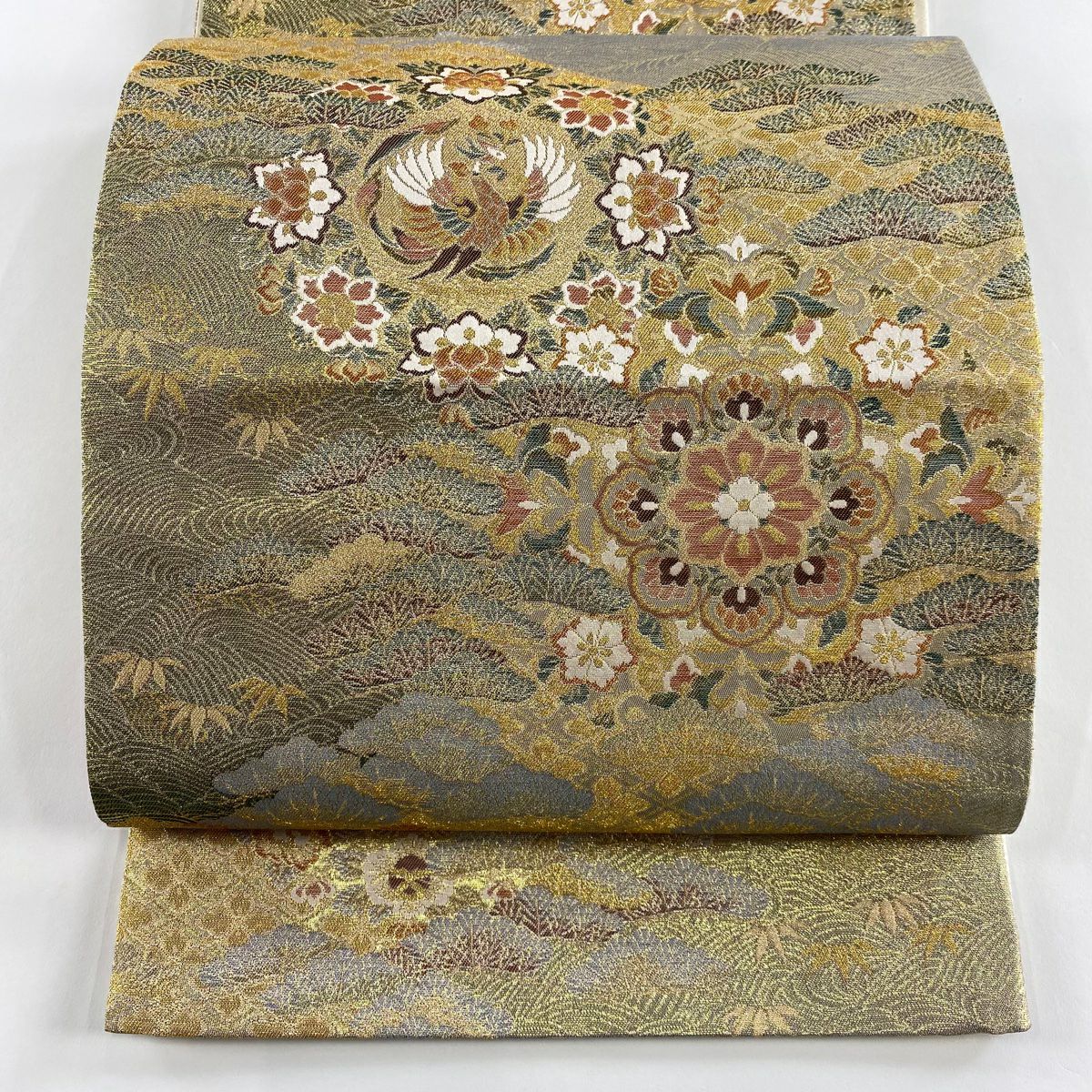 【美品】 袋帶 秀品級 華紋 花鳥 金絲 金金箔 金色 六通 純蠶絲