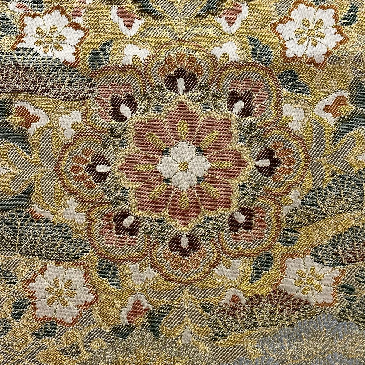 【美品】 袋帶 秀品級 華紋 花鳥 金絲 金金箔 金色 六通 純蠶絲