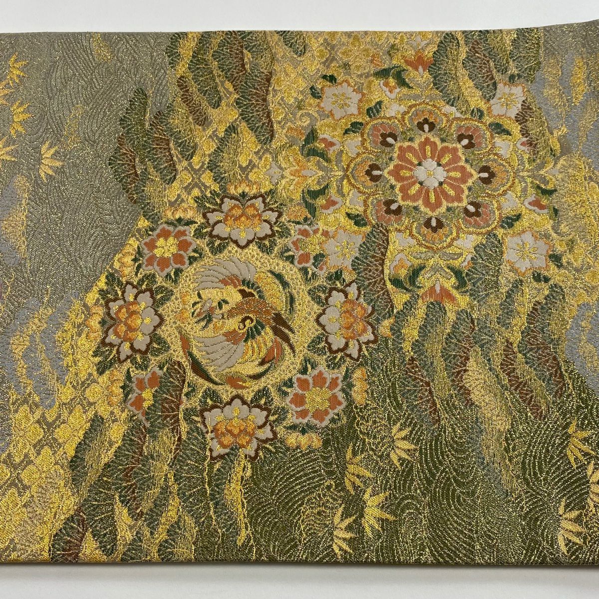 【美品】 袋帶 秀品級 華紋 花鳥 金絲 金金箔 金色 六通 純蠶絲
