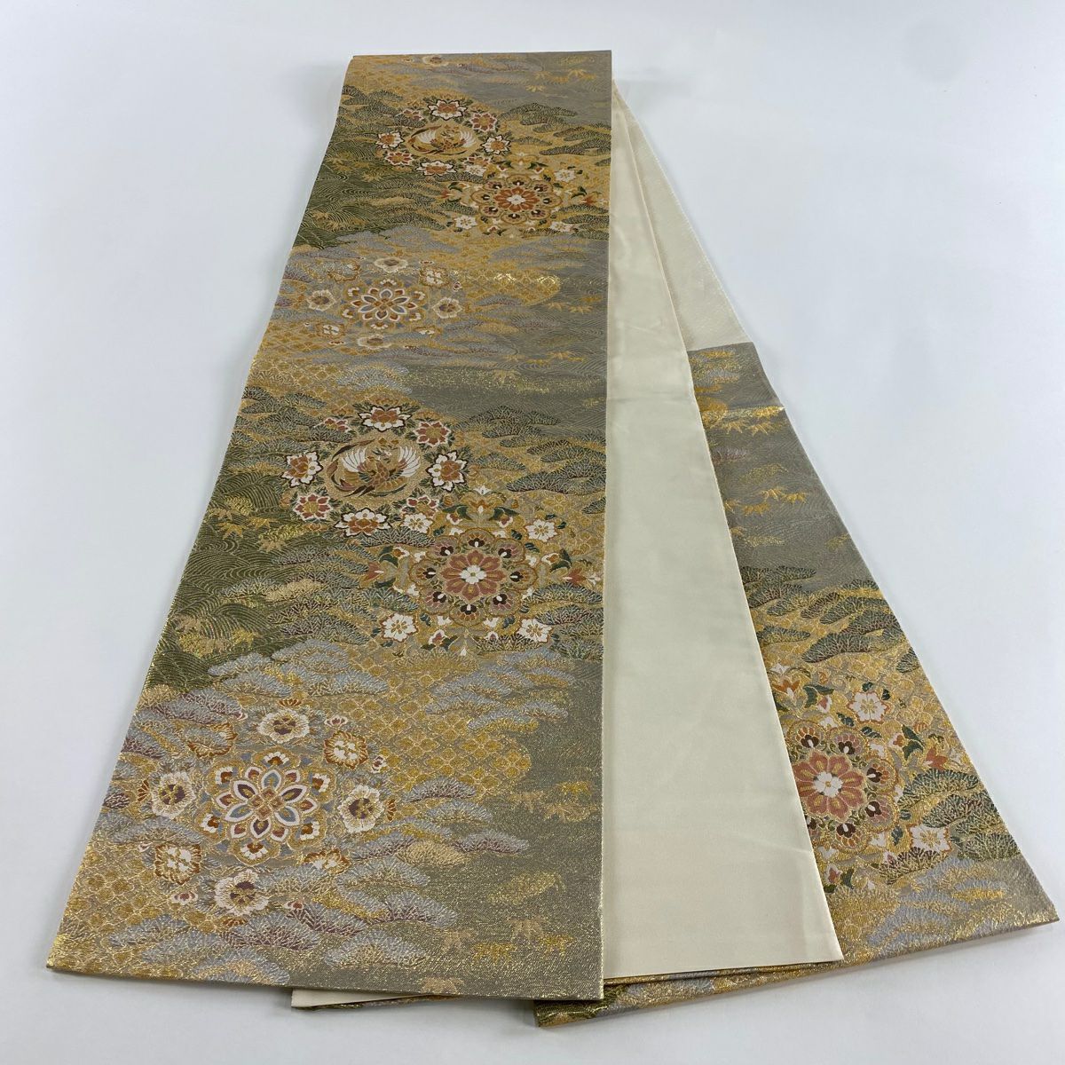 【美品】 袋帶 秀品級 華紋 花鳥 金絲 金金箔 金色 六通 純蠶絲