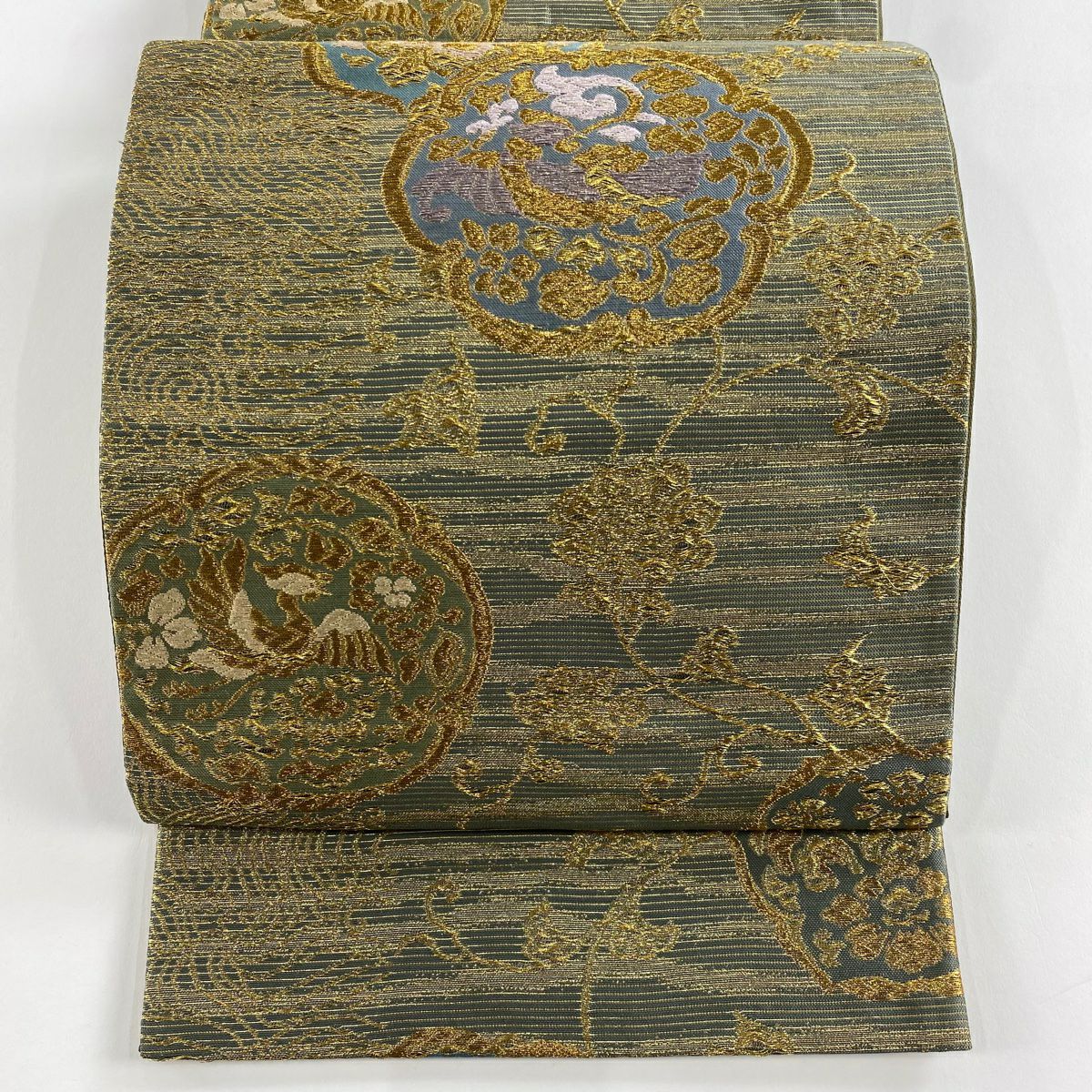 【美品】 袋帶 秀品級 花鳥 華紋 金銀彩 金金箔 青灰 深藍色 六通 純蠶絲