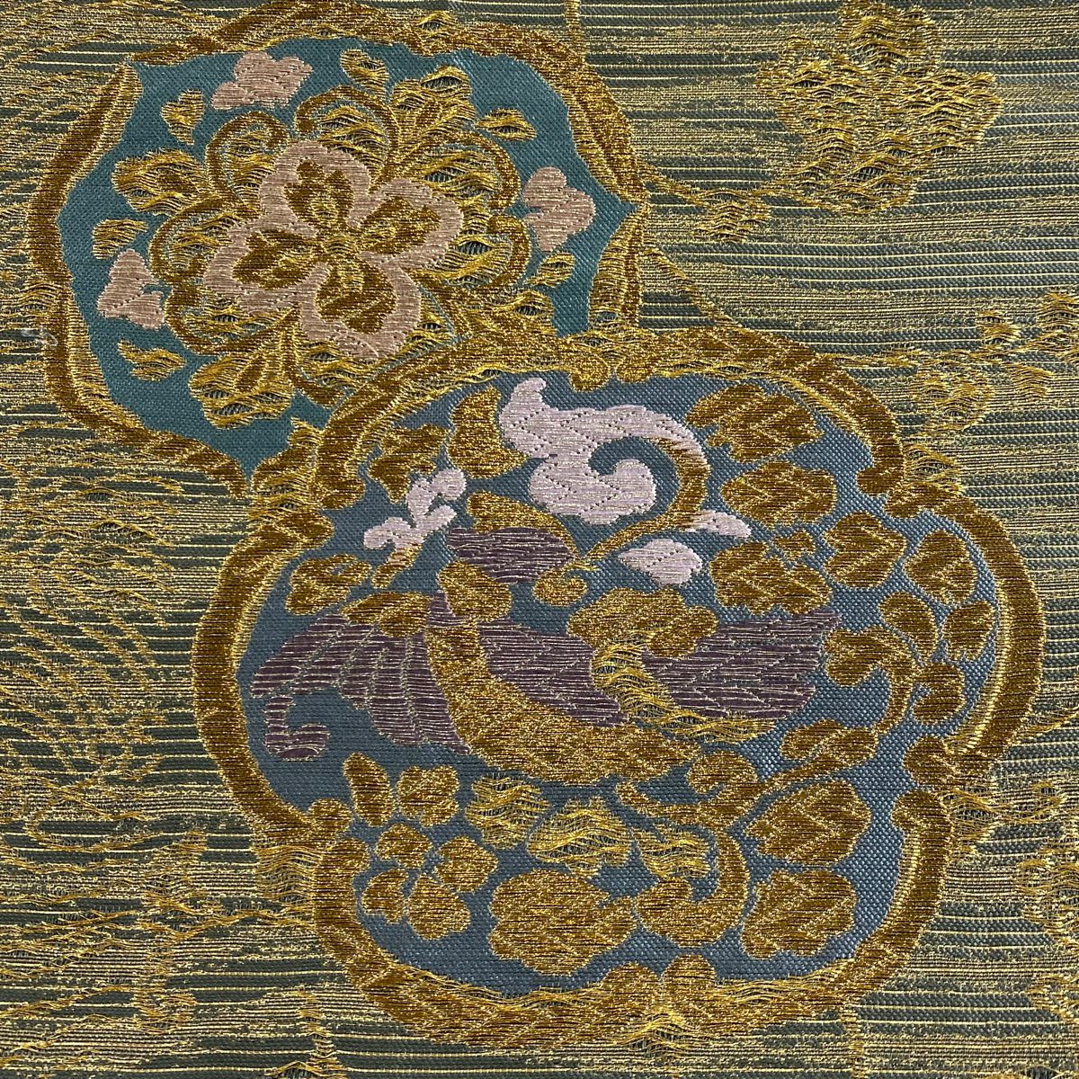 【美品】 袋帶 秀品級 花鳥 華紋 金銀彩 金金箔 青灰 深藍色 六通 純蠶絲