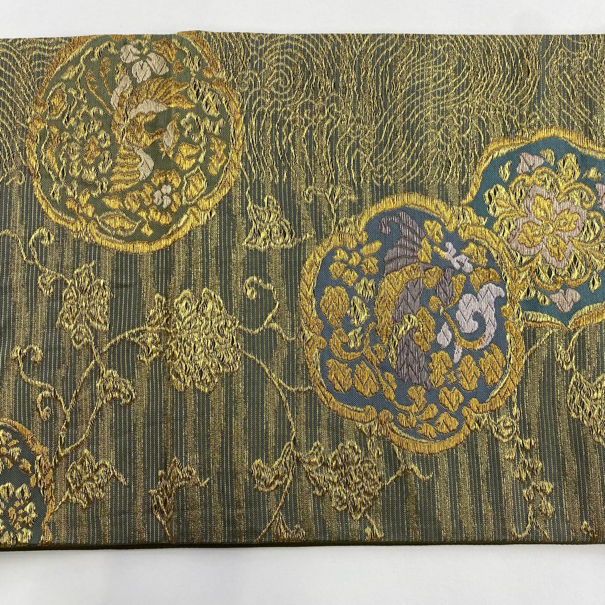 【美品】 袋帶 秀品級 花鳥 華紋 金銀彩 金金箔 青灰 深藍色 六通 純蠶絲