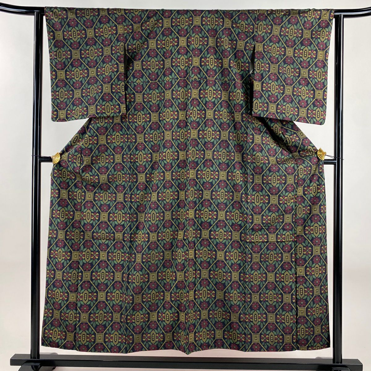 【美品】 紬織 身長155cm 袖長62.5cm S 雙層 蜀江文 草花紋紋 深藍 純蠶絲 優品級