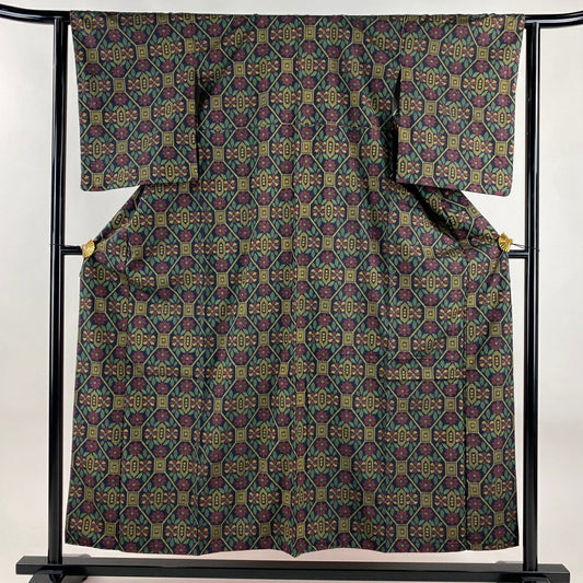 【美品】 紬織 身長155cm 袖長62.5cm S 雙層 蜀江文 草花紋紋 深藍 純蠶絲 優品級