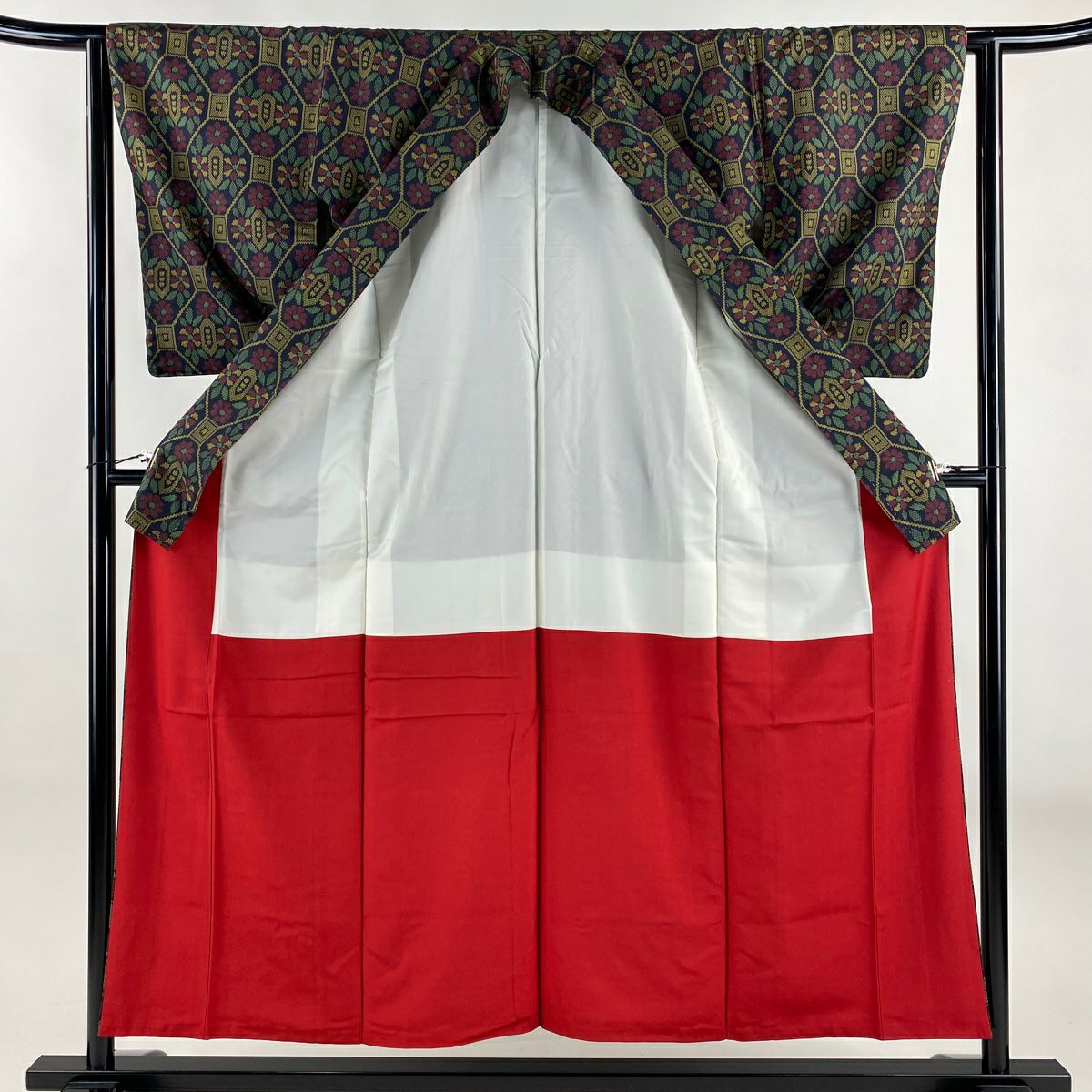 【美品】 紬織 身長155cm 袖長62.5cm S 雙層 蜀江文 草花紋紋 深藍 純蠶絲 優品級