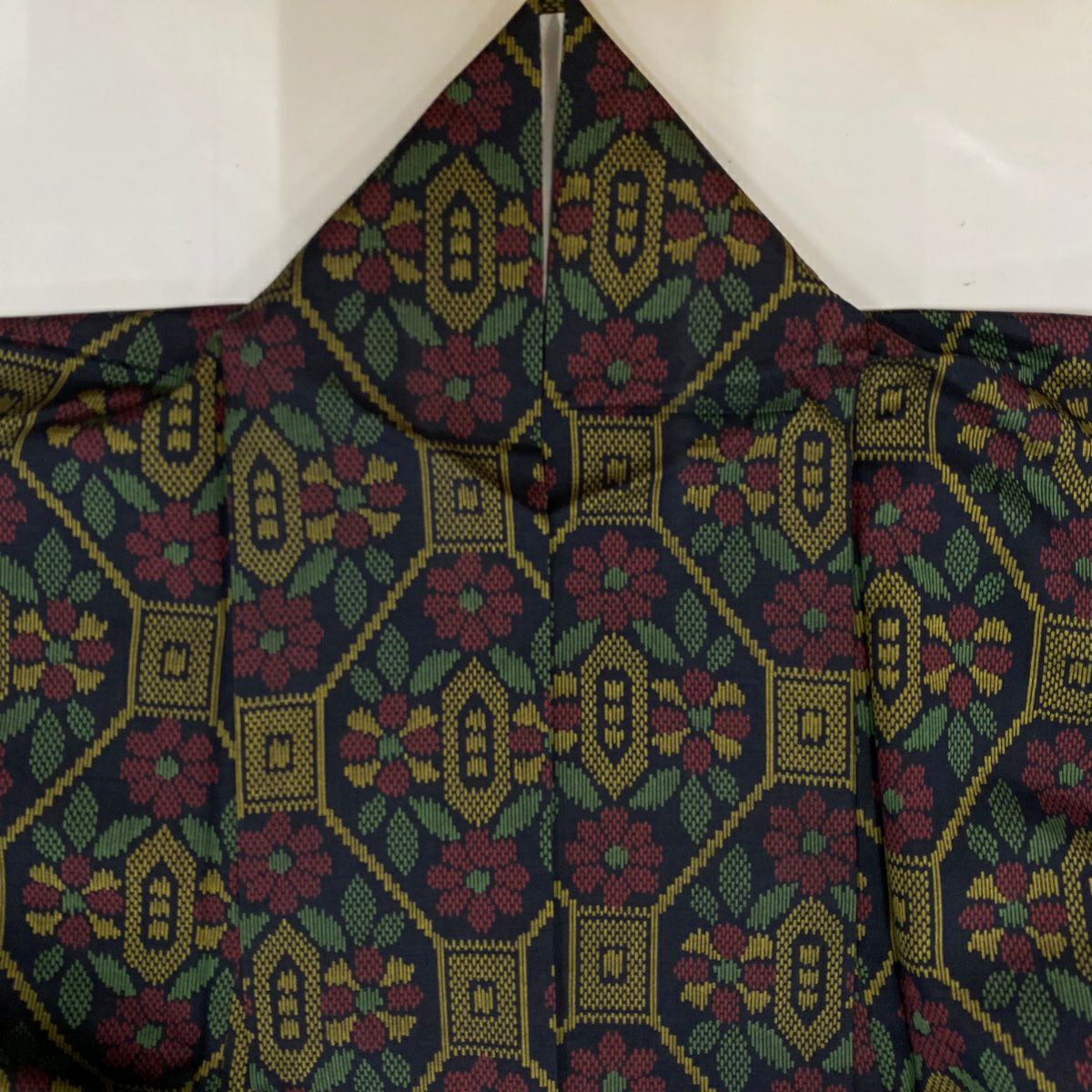 【美品】 紬織 身長155cm 袖長62.5cm S 雙層 蜀江文 草花紋紋 深藍 純蠶絲 優品級