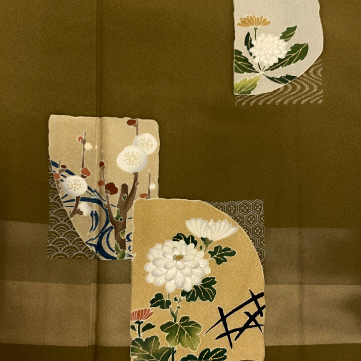 【美品】 付下 身長159cm 袖長62cm S 雙層 菊花 枝梅花 刺繡 金銀彩 山吹茶 純蠶絲 優品級