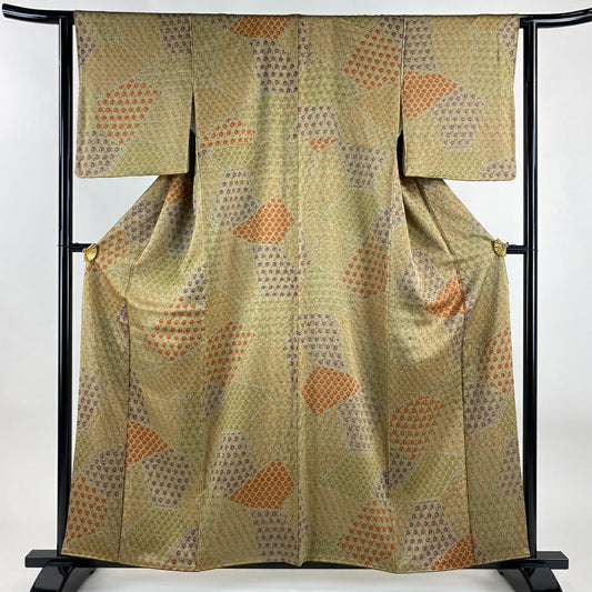 【美品】 小紋 身長159cm 袖長61.5cm S 雙層 幾何學圖案 地紋 灰茶 純蠶絲 優品級