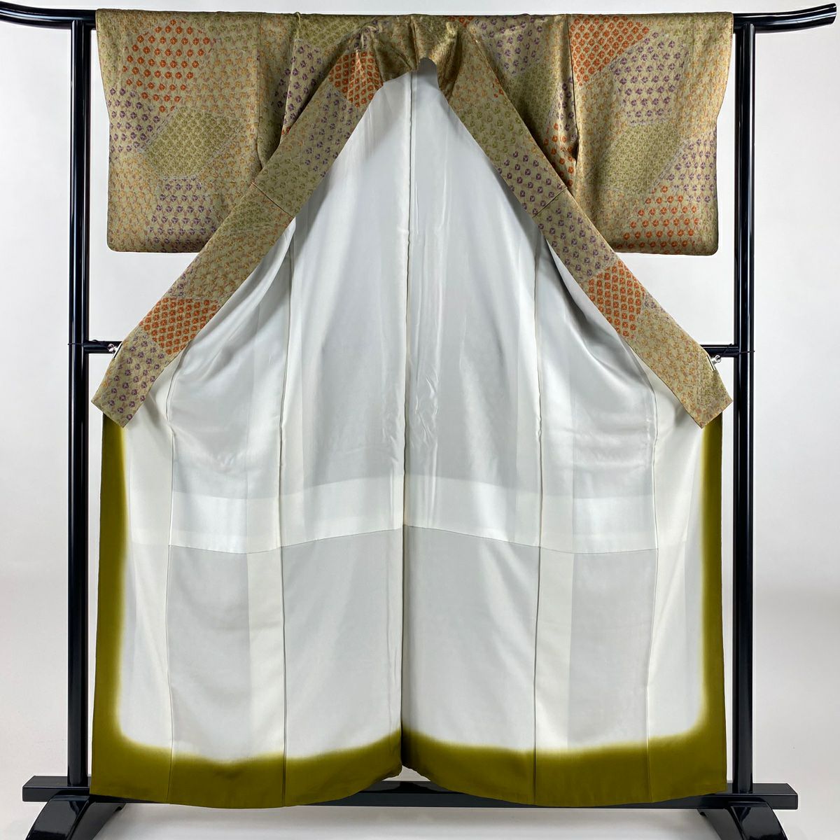 【美品】 小紋 身長159cm 袖長61.5cm S 雙層 幾何學圖案 地紋 灰茶 純蠶絲 優品級