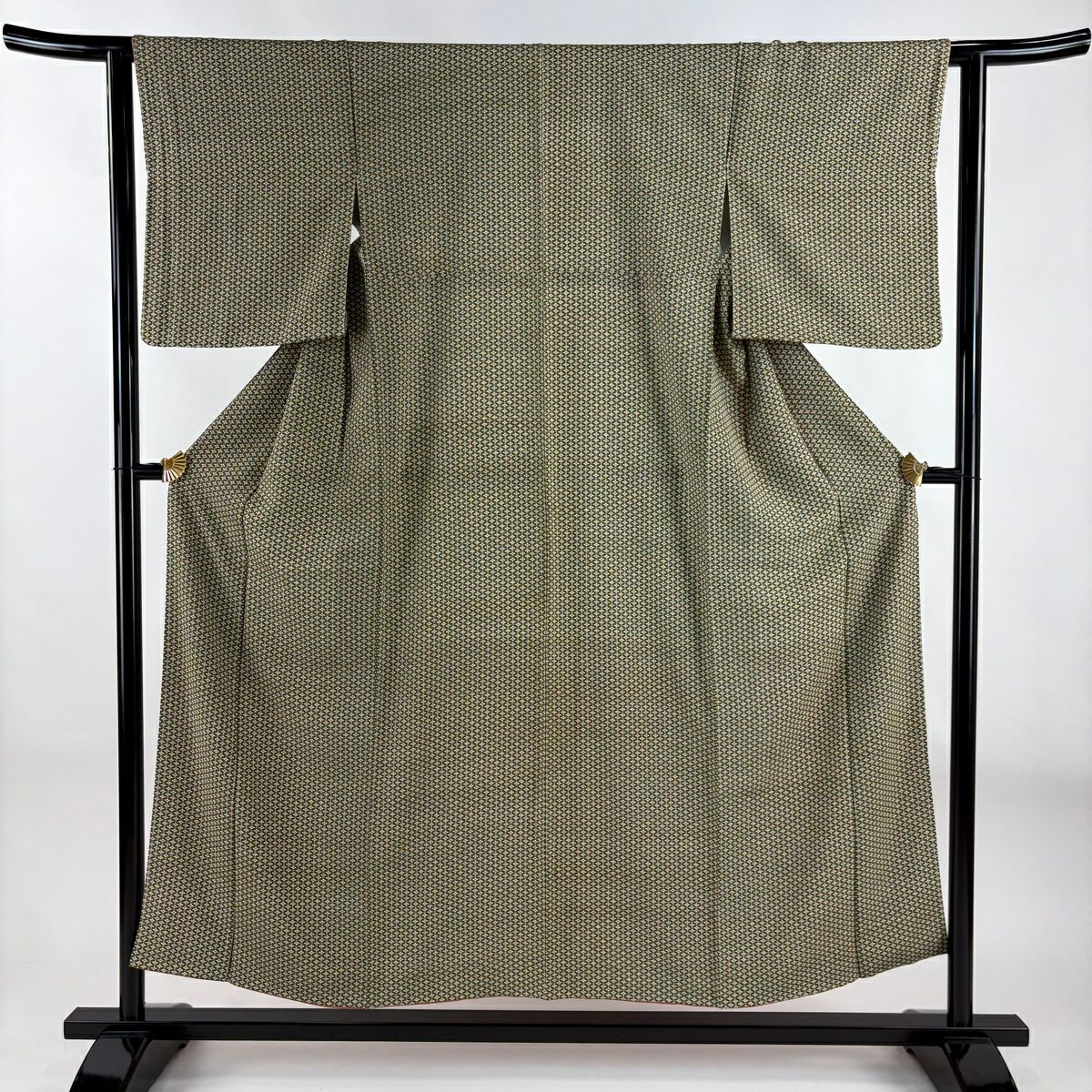 小紋 身長153.5cm 袖長62.5cm S 雙層 菱 茶綠 純蠶絲 優品級
