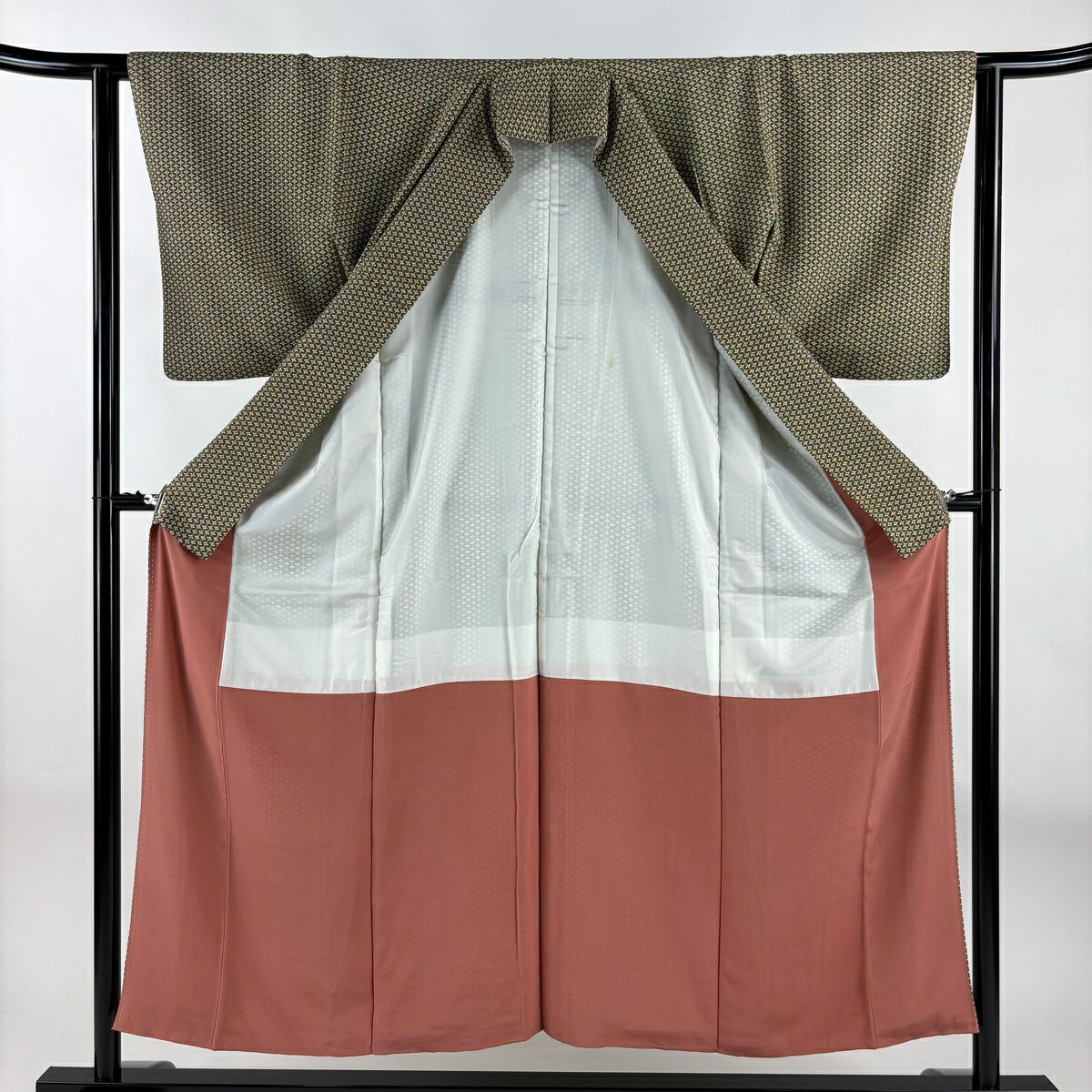 小紋 身長153.5cm 袖長62.5cm S 雙層 菱 茶綠 純蠶絲 優品級