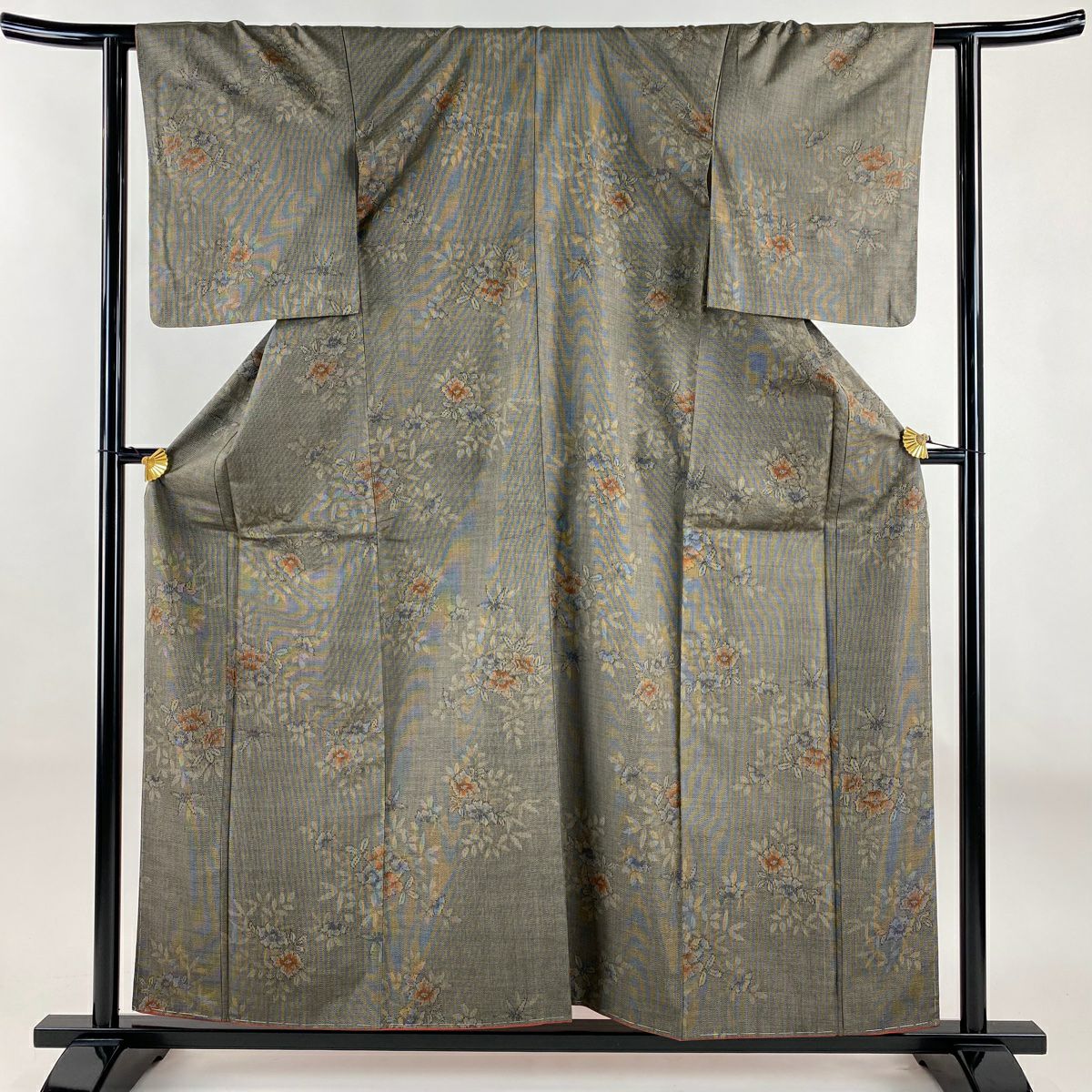【美品】 紬織 身長158.5cm 袖長62.5cm S 雙層 證書附帶 草花紋紋 灰茶 純蠶絲 優品級