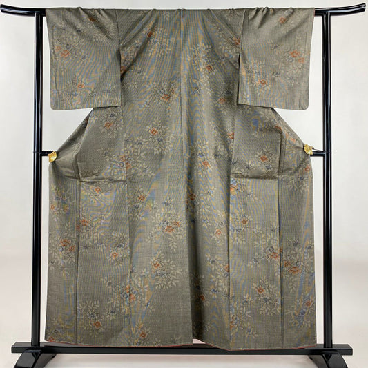 【美品】 紬織 身長158.5cm 袖長62.5cm S 雙層 證書附帶 草花紋紋 灰茶 純蠶絲 優品級