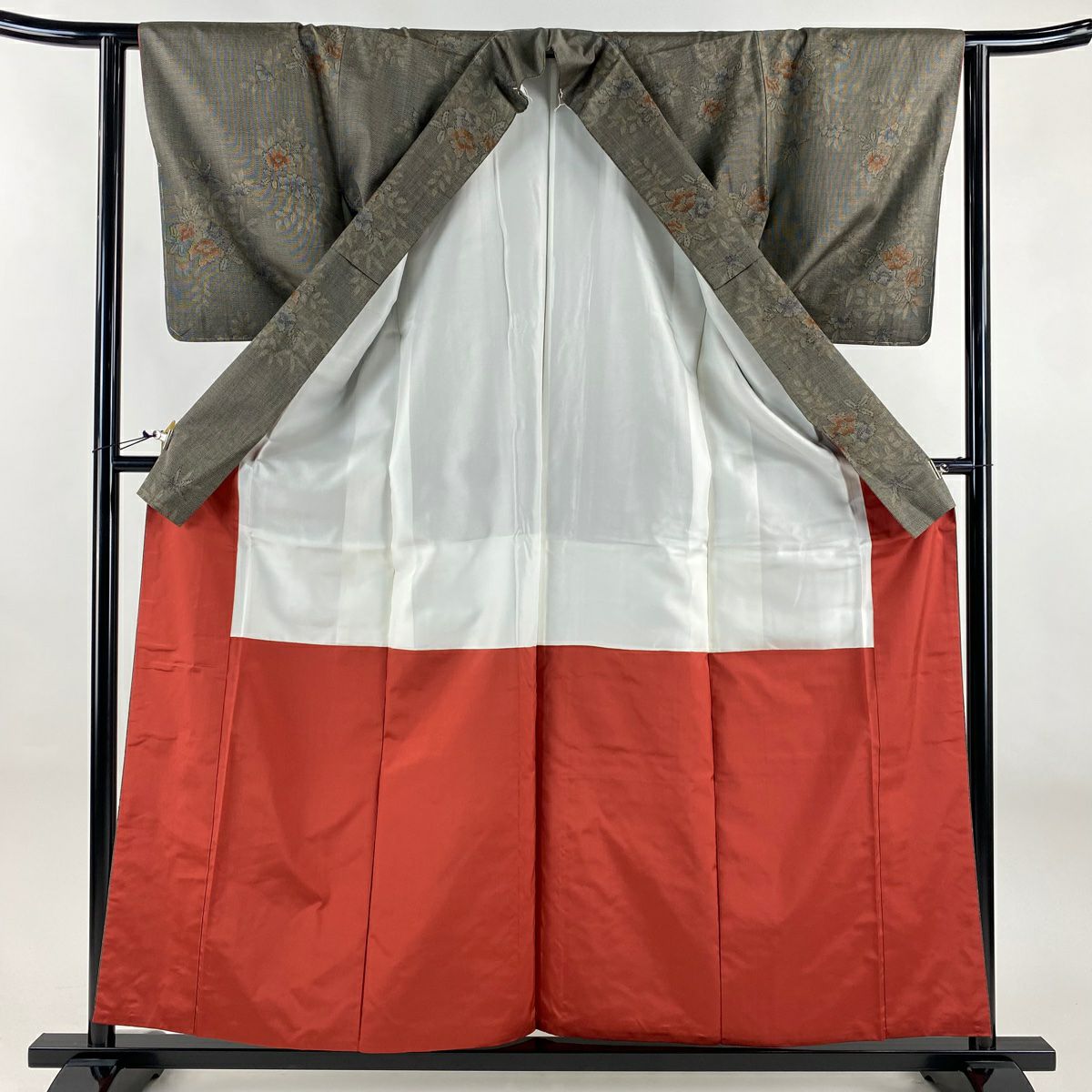 【美品】 紬織 身長158.5cm 袖長62.5cm S 雙層 證書附帶 草花紋紋 灰茶 純蠶絲 優品級