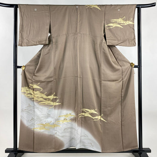 訪問服 身長157cm 袖長62cm S 雙層 仙鶴 波頭 金絲 金銀彩 灰茶 純蠶絲 優品級 三つ紋