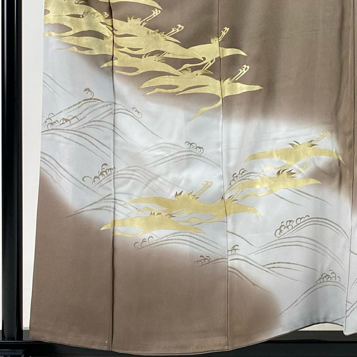訪問服 身長157cm 袖長62cm S 雙層 仙鶴 波頭 金絲 金銀彩 灰茶 純蠶絲 優品級 三つ紋