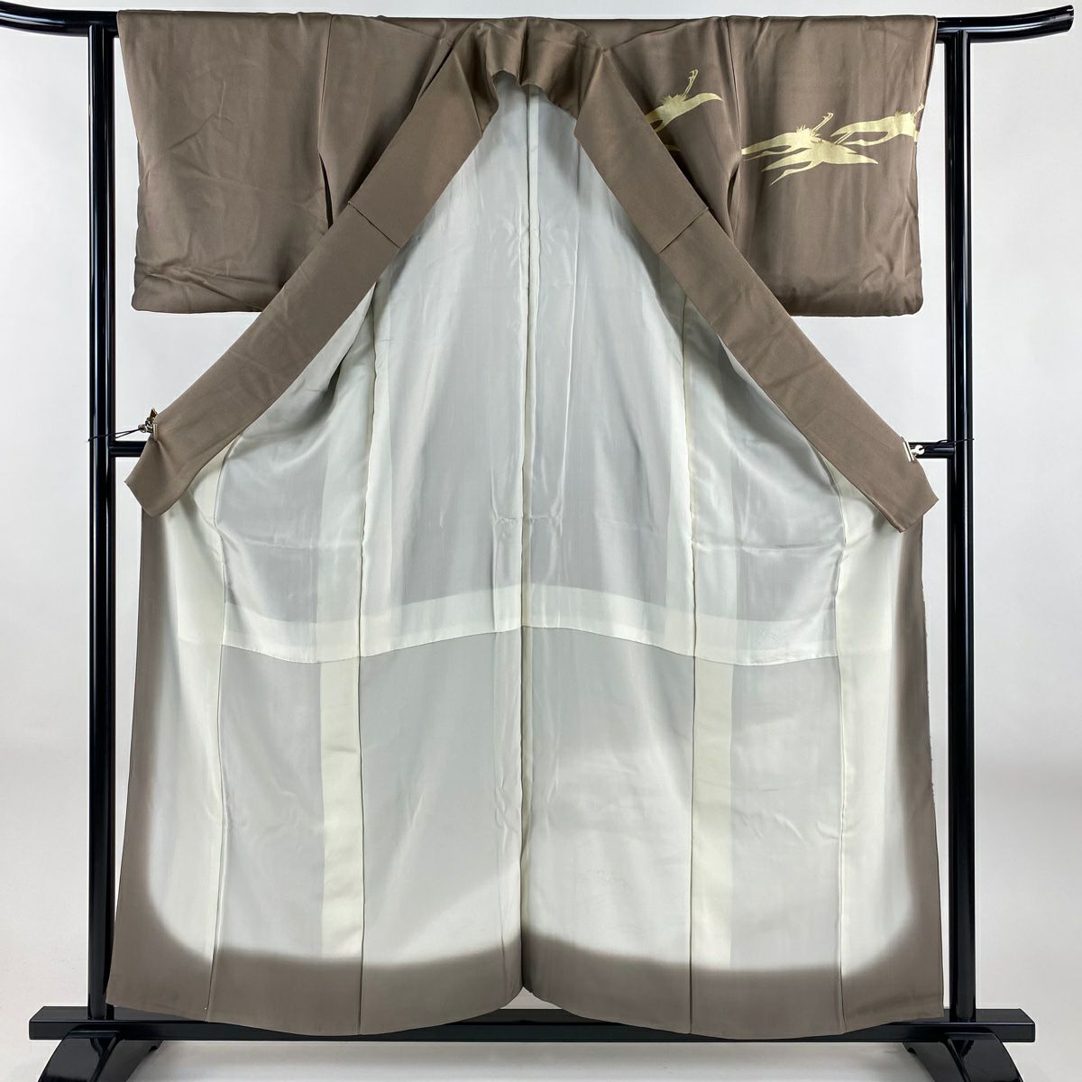 訪問服 身長157cm 袖長62cm S 雙層 仙鶴 波頭 金絲 金銀彩 灰茶 純蠶絲 優品級 三つ紋