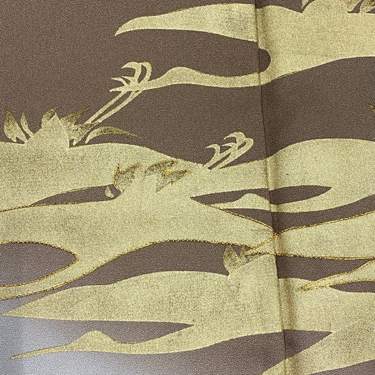 訪問服 身長157cm 袖長62cm S 雙層 仙鶴 波頭 金絲 金銀彩 灰茶 純蠶絲 優品級 三つ紋