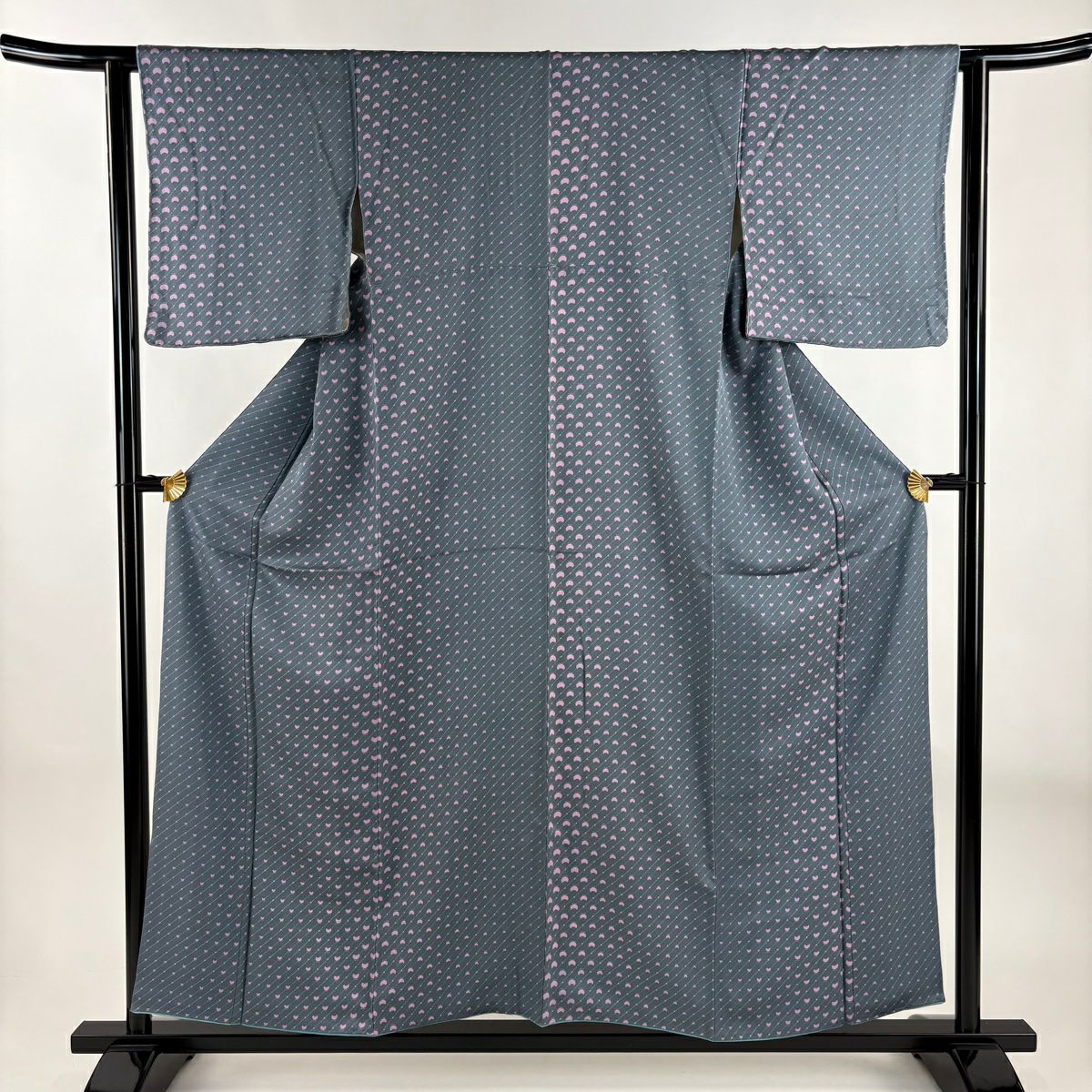 【美品】 小紋 身長155cm 袖長63.5cm S 雙層 草花紋紋 斜紋 灰 純蠶絲 優品級