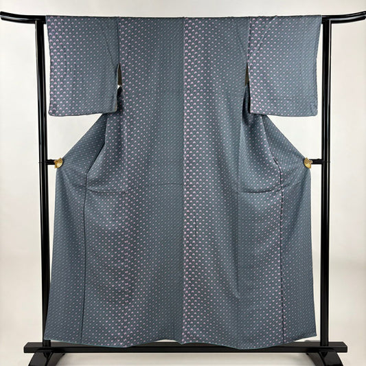 【美品】 小紋 身長155cm 袖長63.5cm S 雙層 草花紋紋 斜紋 灰 純蠶絲 優品級