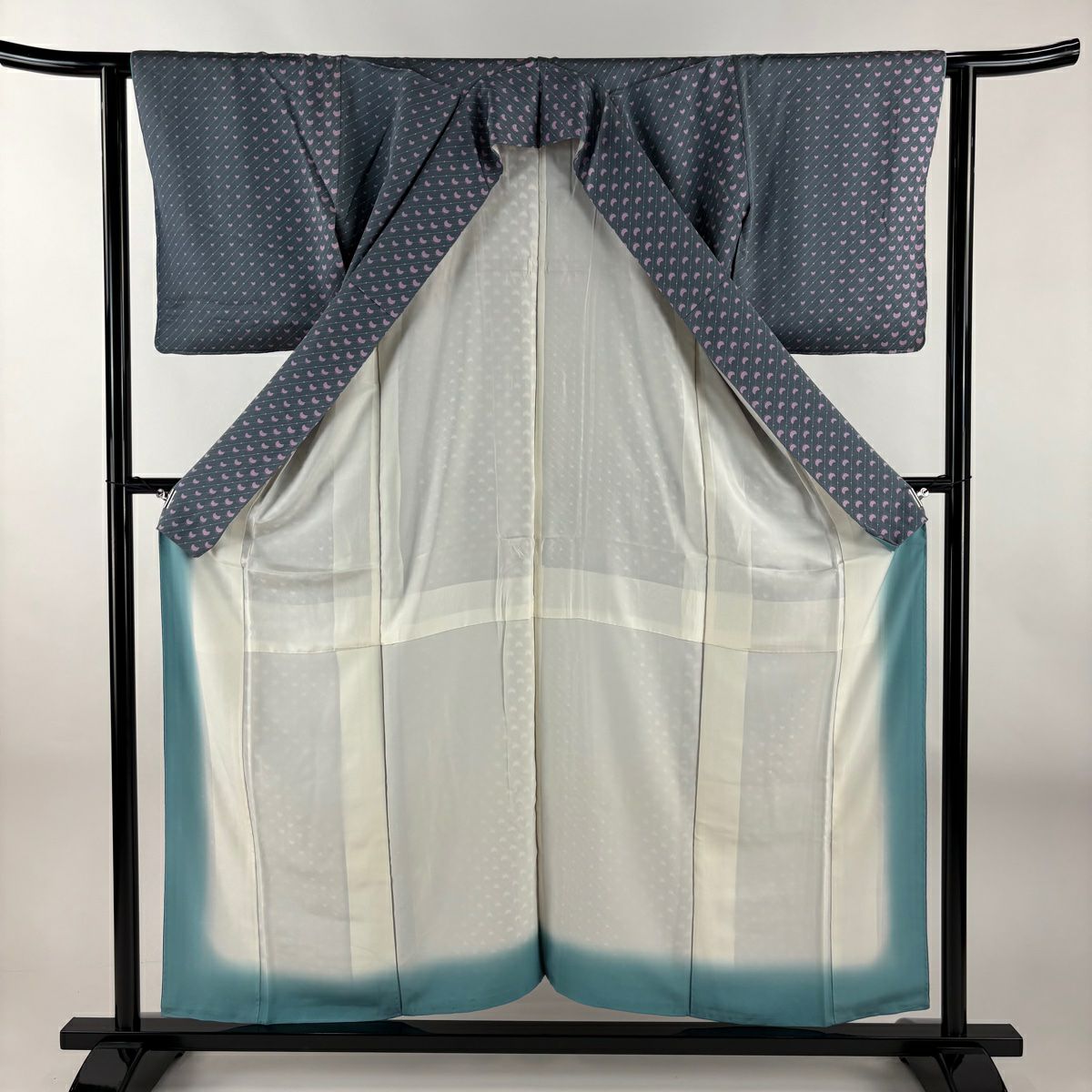 【美品】 小紋 身長155cm 袖長63.5cm S 雙層 草花紋紋 斜紋 灰 純蠶絲 優品級