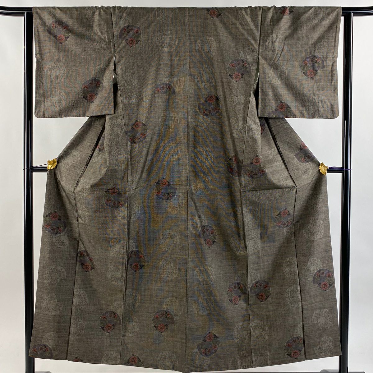 紬織 身長152.5cm 袖長63.5cm S 雙層 圓文 草花紋紋 焦茶 純蠶絲 秀品級