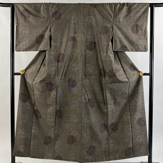 紬織 身長152.5cm 袖長63.5cm S 雙層 圓文 草花紋紋 焦茶 純蠶絲 秀品級