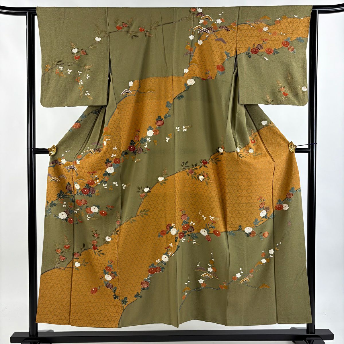 訪問服 身長151.5cm 袖長62.5cm S 雙層 落款 草花紋紋 籠目 金銀彩 鶯 深藍 純蠶絲 秀品級