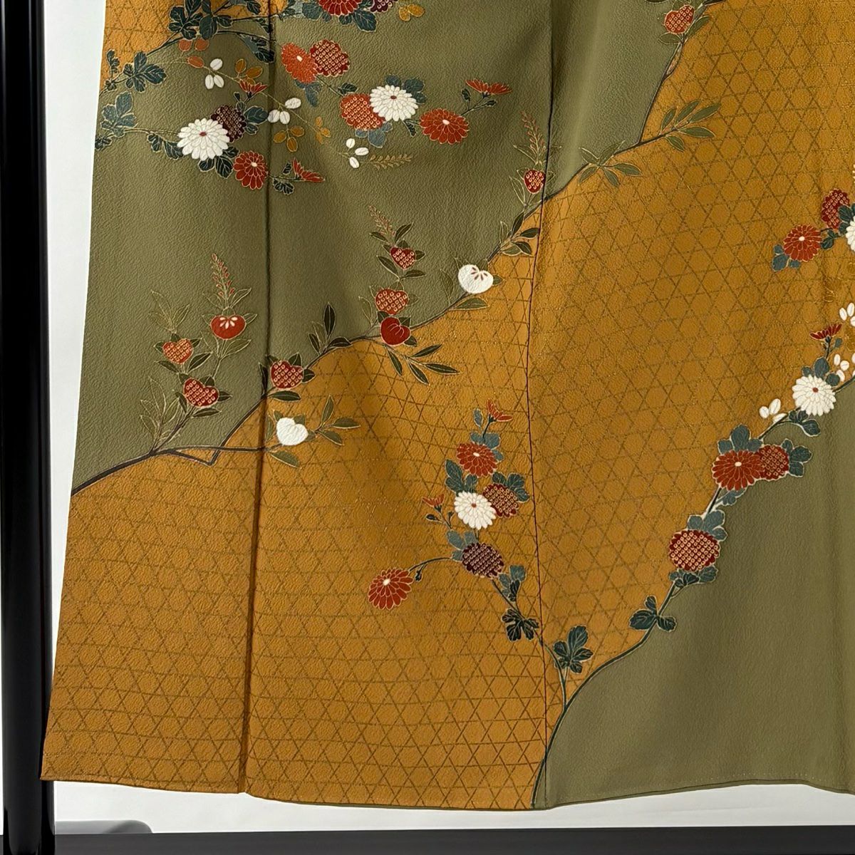 訪問服 身長151.5cm 袖長62.5cm S 雙層 落款 草花紋紋 籠目 金銀彩 鶯 深藍 純蠶絲 秀品級