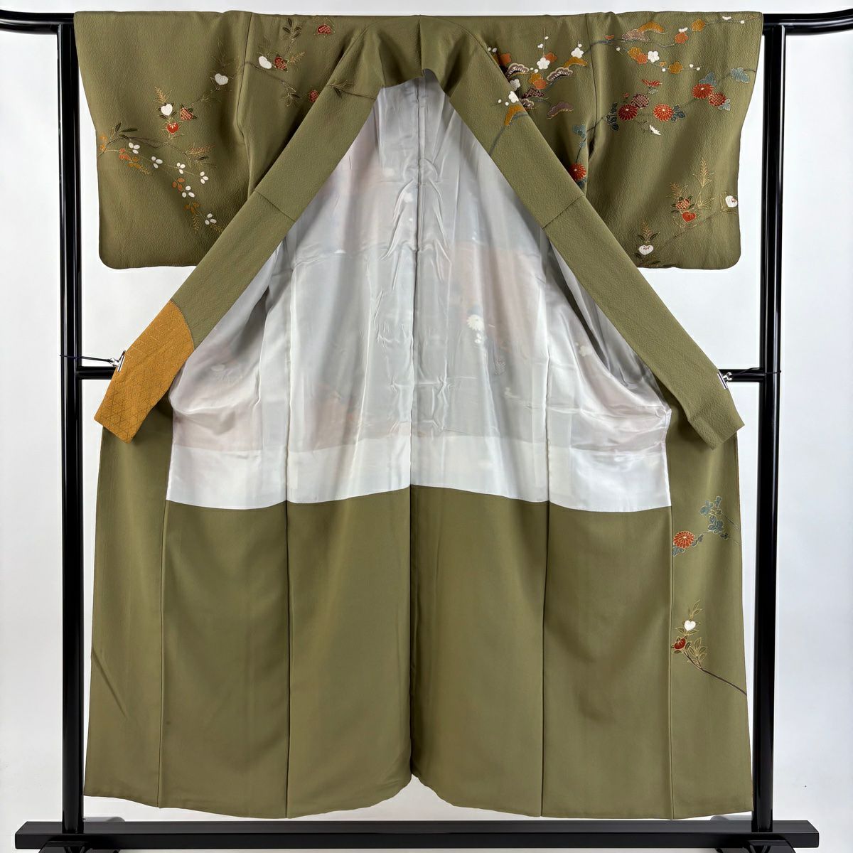 訪問服 身長151.5cm 袖長62.5cm S 雙層 落款 草花紋紋 籠目 金銀彩 鶯 深藍 純蠶絲 秀品級