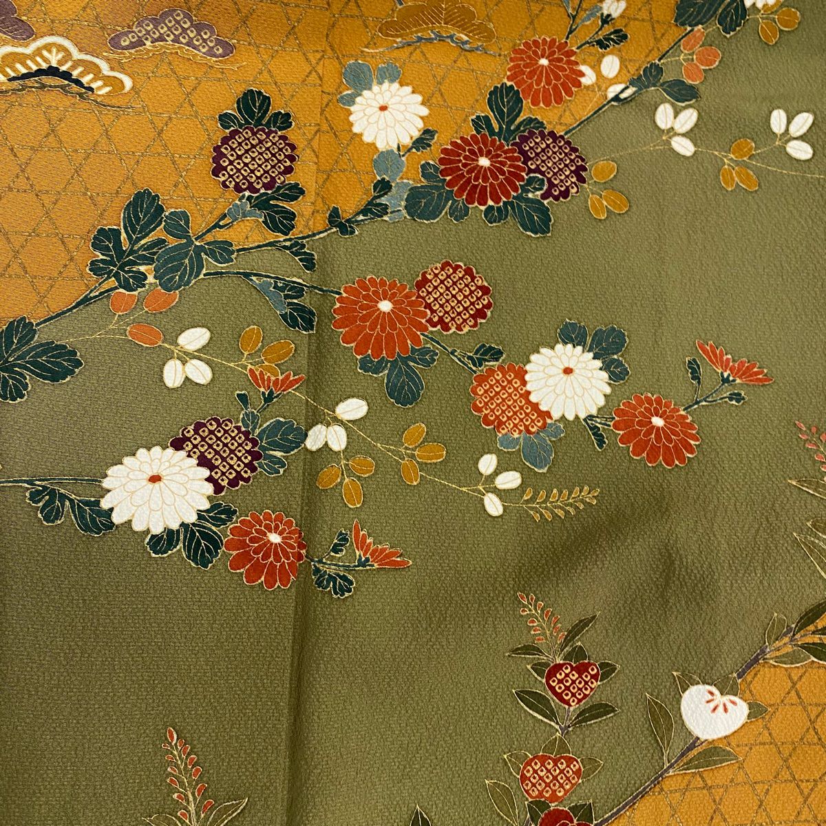 訪問服 身長151.5cm 袖長62.5cm S 雙層 落款 草花紋紋 籠目 金銀彩 鶯 深藍 純蠶絲 秀品級