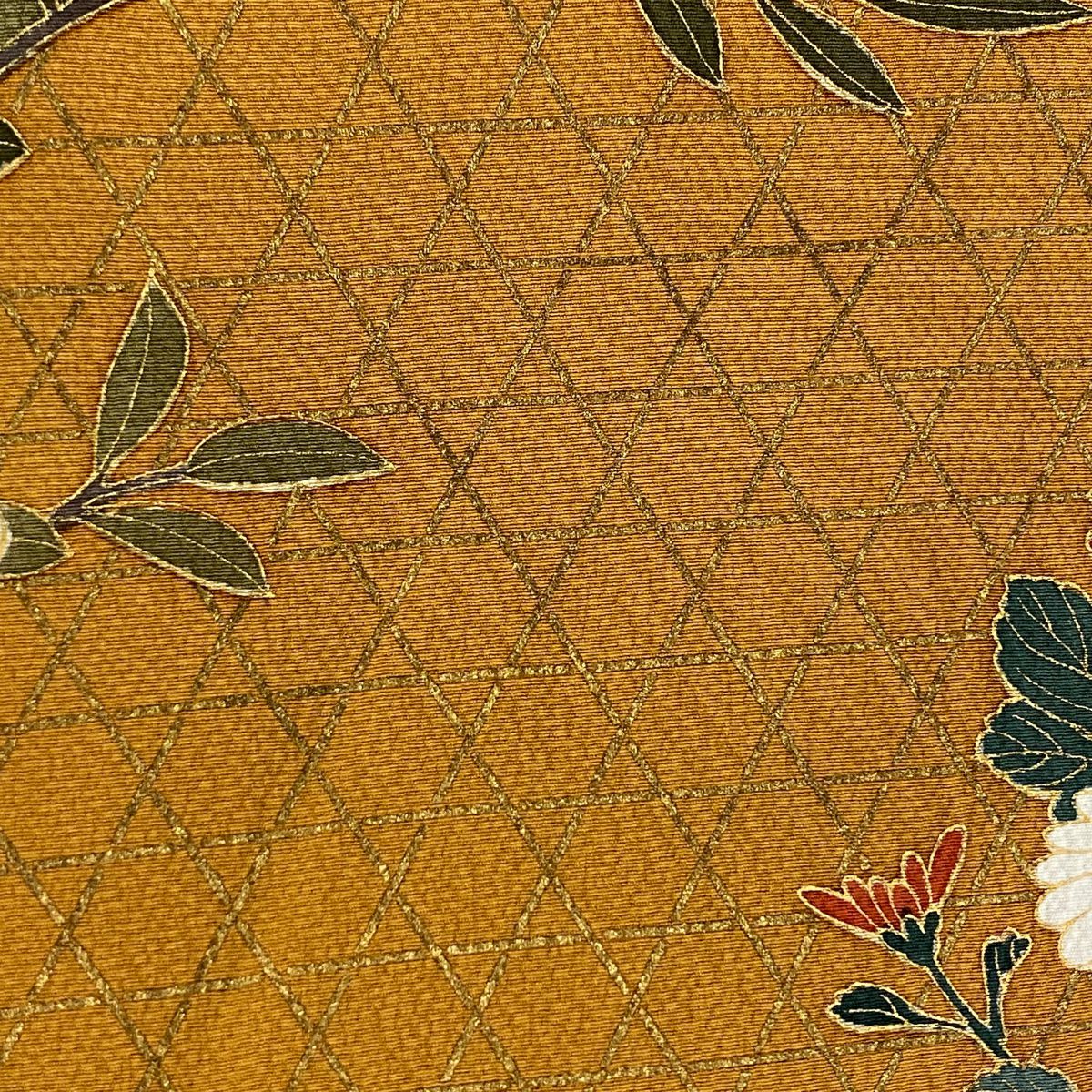 訪問服 身長151.5cm 袖長62.5cm S 雙層 落款 草花紋紋 籠目 金銀彩 鶯 深藍 純蠶絲 秀品級