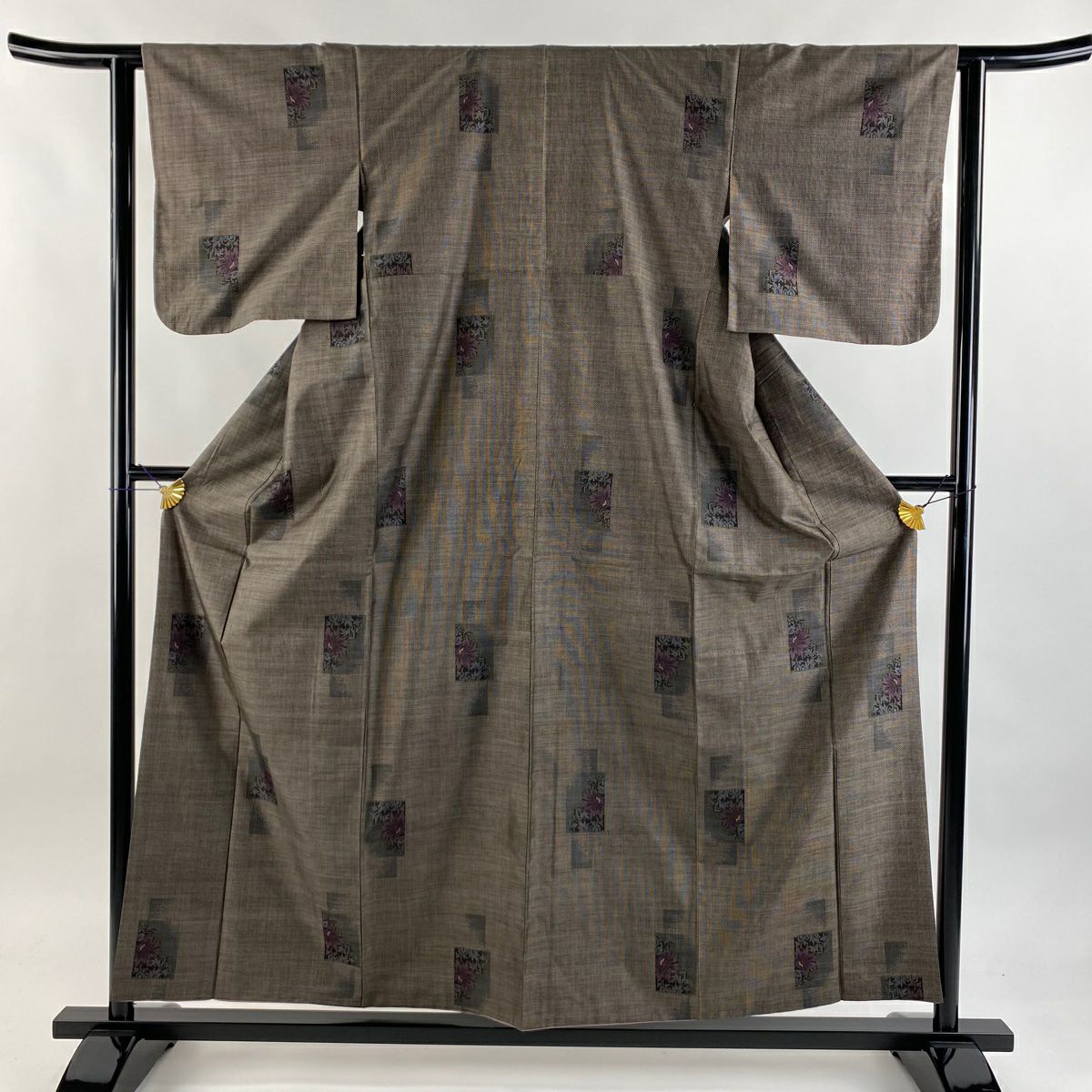 【美品】 紬織 身長157cm 袖長61cm S 雙層 草花紋 茶 純蠶絲 秀品級