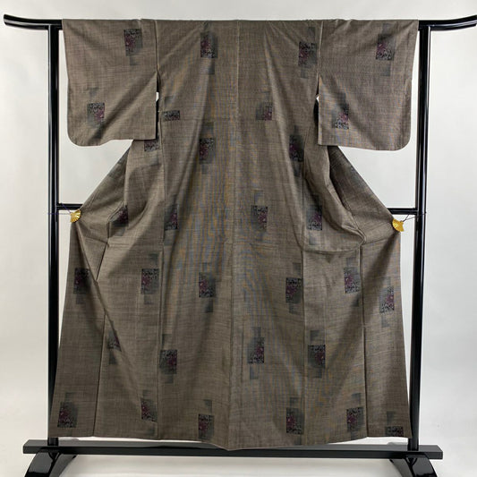 【美品】 紬織 身長157cm 袖長61cm S 雙層 草花紋 茶 純蠶絲 秀品級